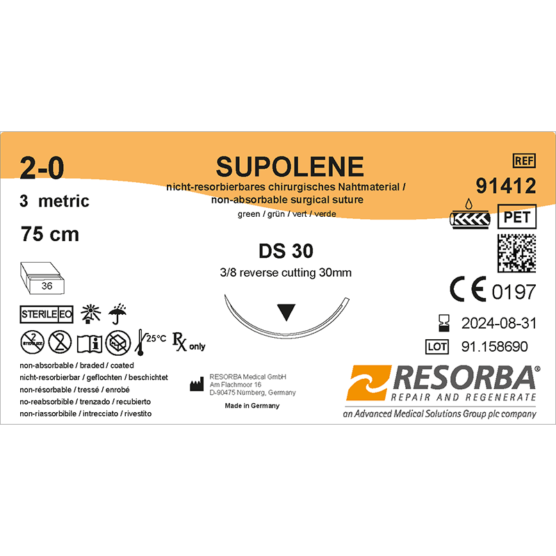 Суполен USP2-0 зелений, довжина 75см, зворотньо-ріжуча голка 30мм, 3/8 кола